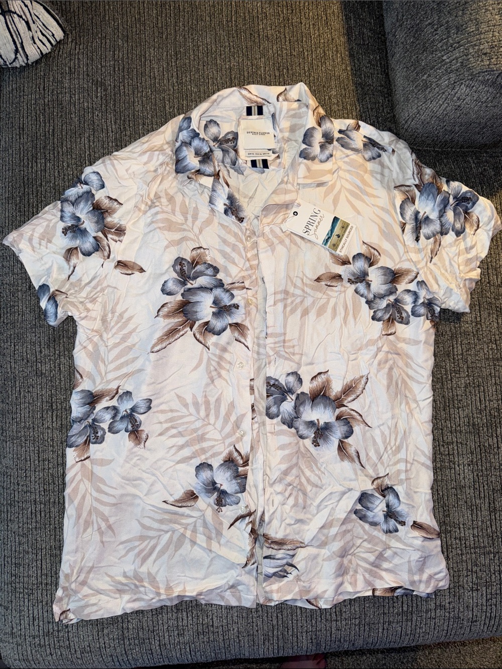 Men's Floral Short-Sleeve Button-Up Shirt - with Blue & Brown Flowers